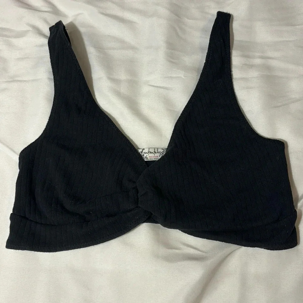 Free People Ribbed Twist-Front Sport Bra /Swim Bikini Top Black Small
